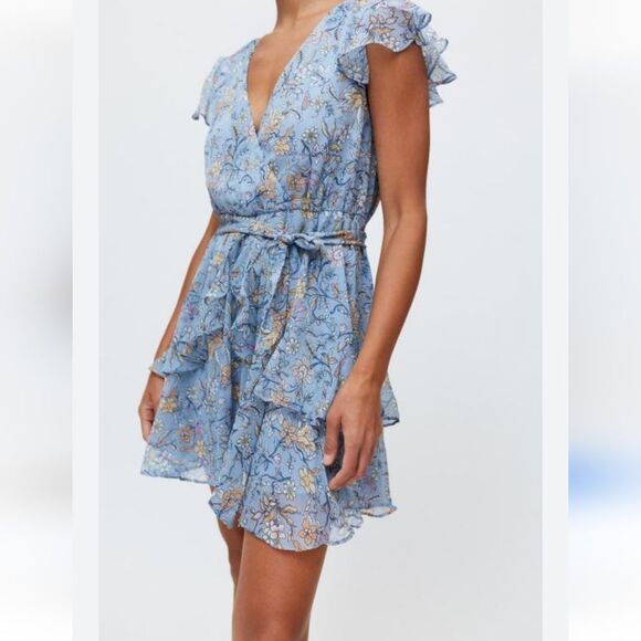 Minkpink Blue Floral Mini Ruffle Dress Size Small - Picture 1 of 10